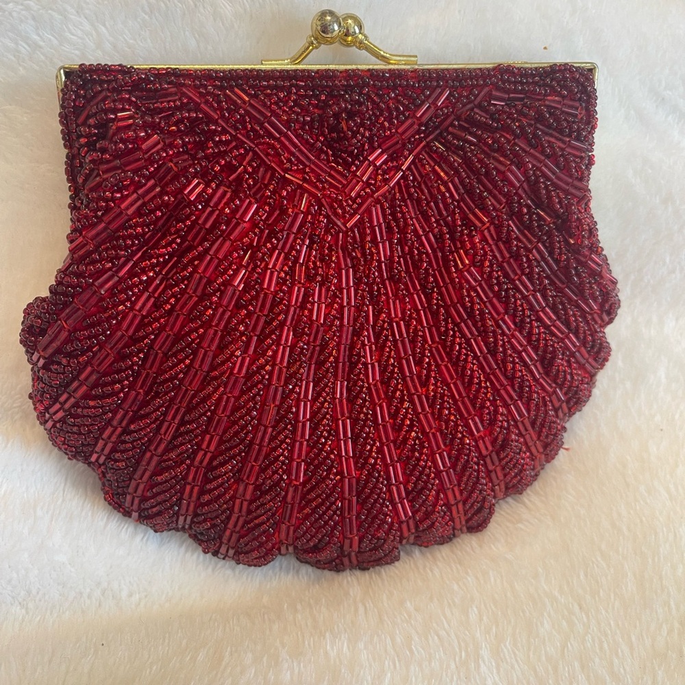 Vintage Red Beaded Clutch Purse, Gold Frame & Snake Chain Strap, Art Deco Shell